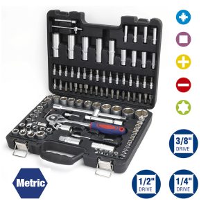 Juego 108 Piezas Llaves Crique Puntas Mecánico Con Valija Plástica (1/2" y 1/4")